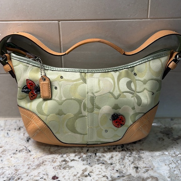 Coach Handbags - RARE VINTAGE Coach Green and Tan Shoulder Bag with Butterfly Accents